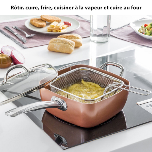 Poêle en Céramique Anti-Adhésive avec Panier à Frire et Couvercle en Verre Trempé