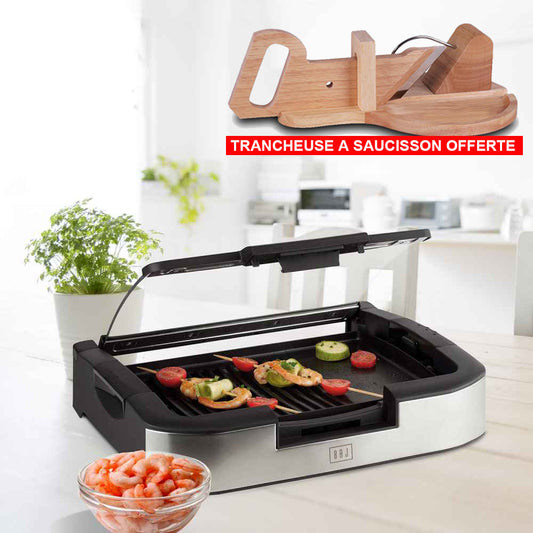 Mini barbecue BOJ® avec couvercle en verre et trancheuse à saucisson offerte