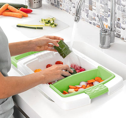 Planche à Découper 3-en-1 Pratique avec Récipient et Égouttoir