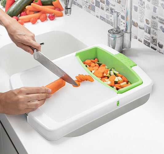 Planche à Découper 3-en-1 Pratique avec Récipient et Égouttoir