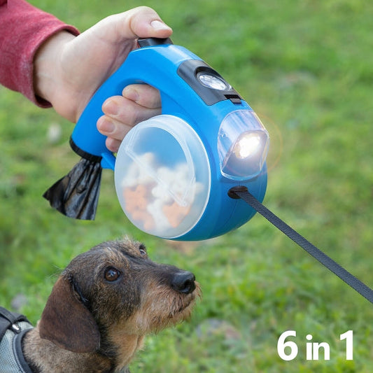 Laisse de chien multifonction 6 en 1 avec lampe LED et distributeur d'eau