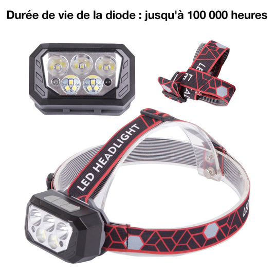 Lampe Frontale 5 LED - Portée 500 m, Idéale pour Aventures Nocturnes