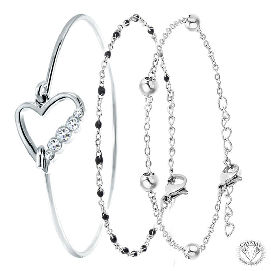 Lot de 3 Bracelets en Acier Inoxydable Argenté avec Cristaux Scintillants