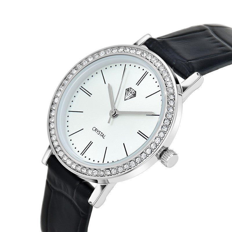 Montre Bianca Élégante en Cuir Noir et 58 Cristaux Autrichiens
