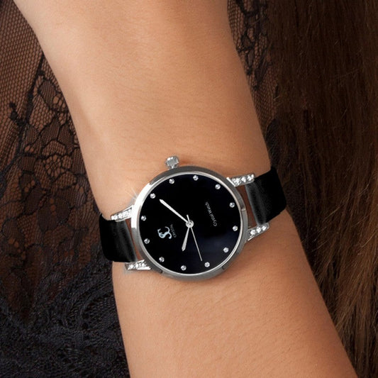 Montre Élégante Julia en Cuir Noir et Cristaux Autrichiens