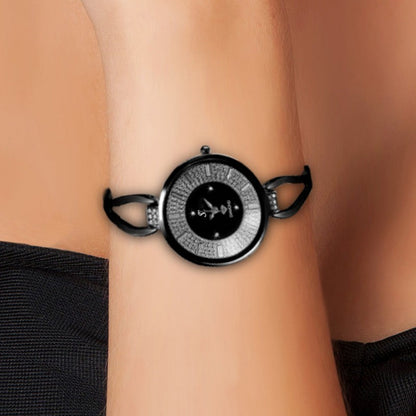 Montre Élégante Femme avec Bracelet Noir et Cristaux Scintillants