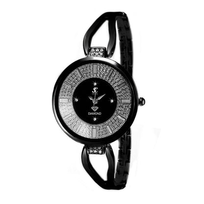 Montre Élégante Femme avec Bracelet Noir et Cristaux Scintillants