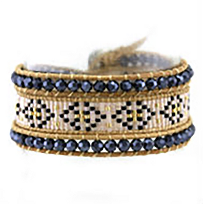 Bracelet Ethnique Edyna en Cuir et Métal Rhodié avec Perles de Miyuki