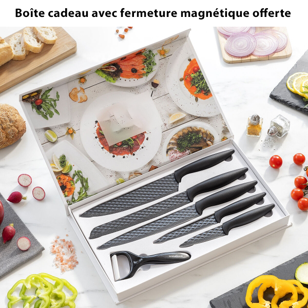 Ensemble de Cinq Couteaux de Cuisine en Acier Inoxydable Diamant et Éplucheur en Céramique