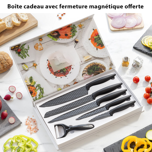 Ensemble de Cinq Couteaux de Cuisine en Acier Inoxydable Diamant et Éplucheur en Céramique