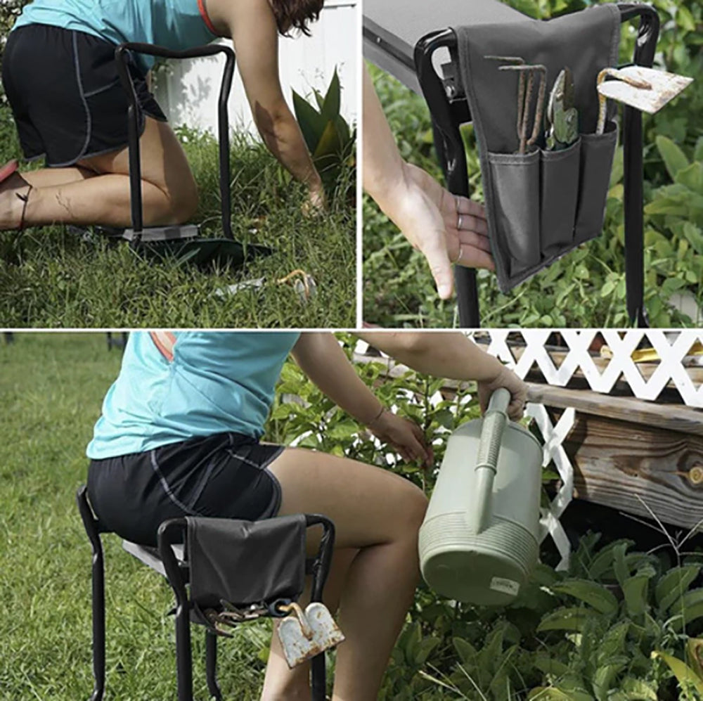 Tabouret de jardin pliable 3 EN 1 avec poche à outils