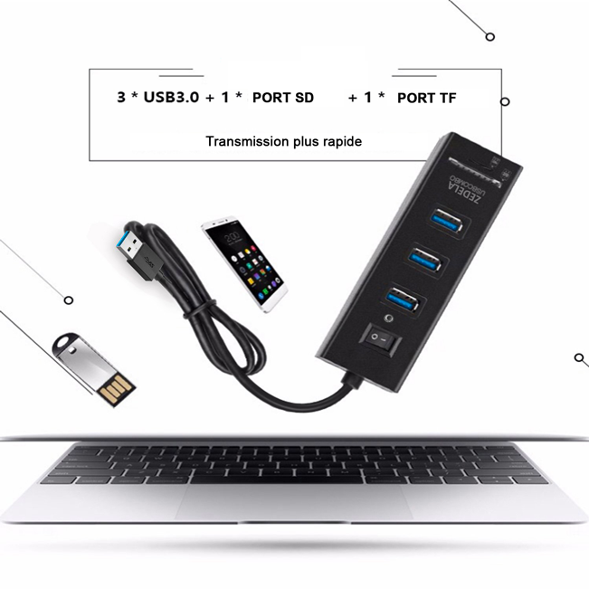 Multiprise USB 3 Ports avec Lecteur de Cartes SD pour Connectivité Facile